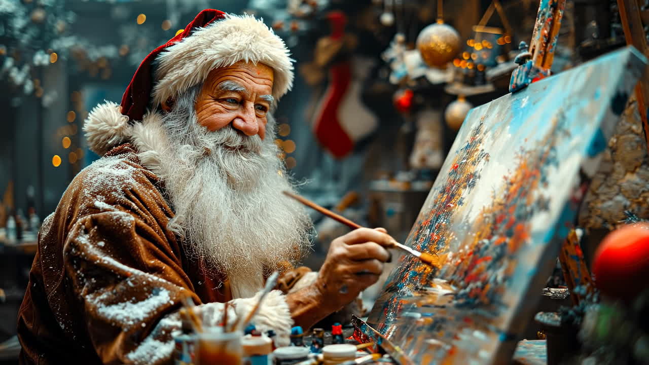 Santa painting in his workshop. Santa joyfully paints a colorful winter landscape surrounded by festive decorations in his charming workshop