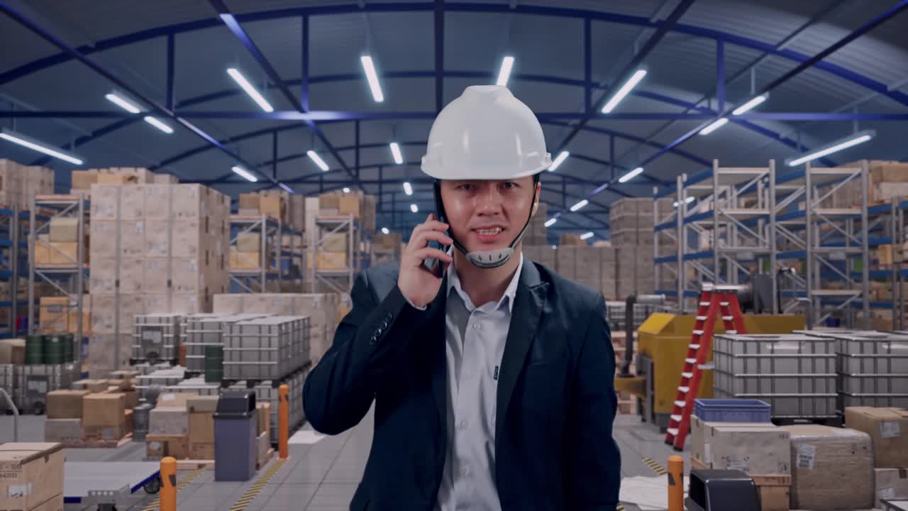 Vista frontale di un uomo d'affari asiatico che parla al telefono mentre cammina in un ampio magazzino con file di scaffalature