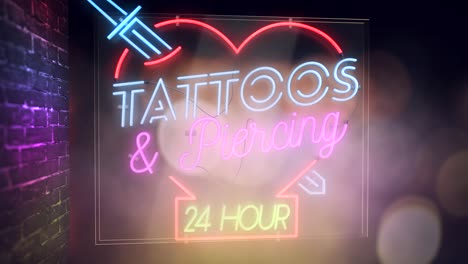 representación 3d realista de un letrero de neón animado vívido y vibrante para un salón de tatuajes que representa las palabras tatuajes y piercing - 24 horas, con un fondo de escena nocturna brumosa
