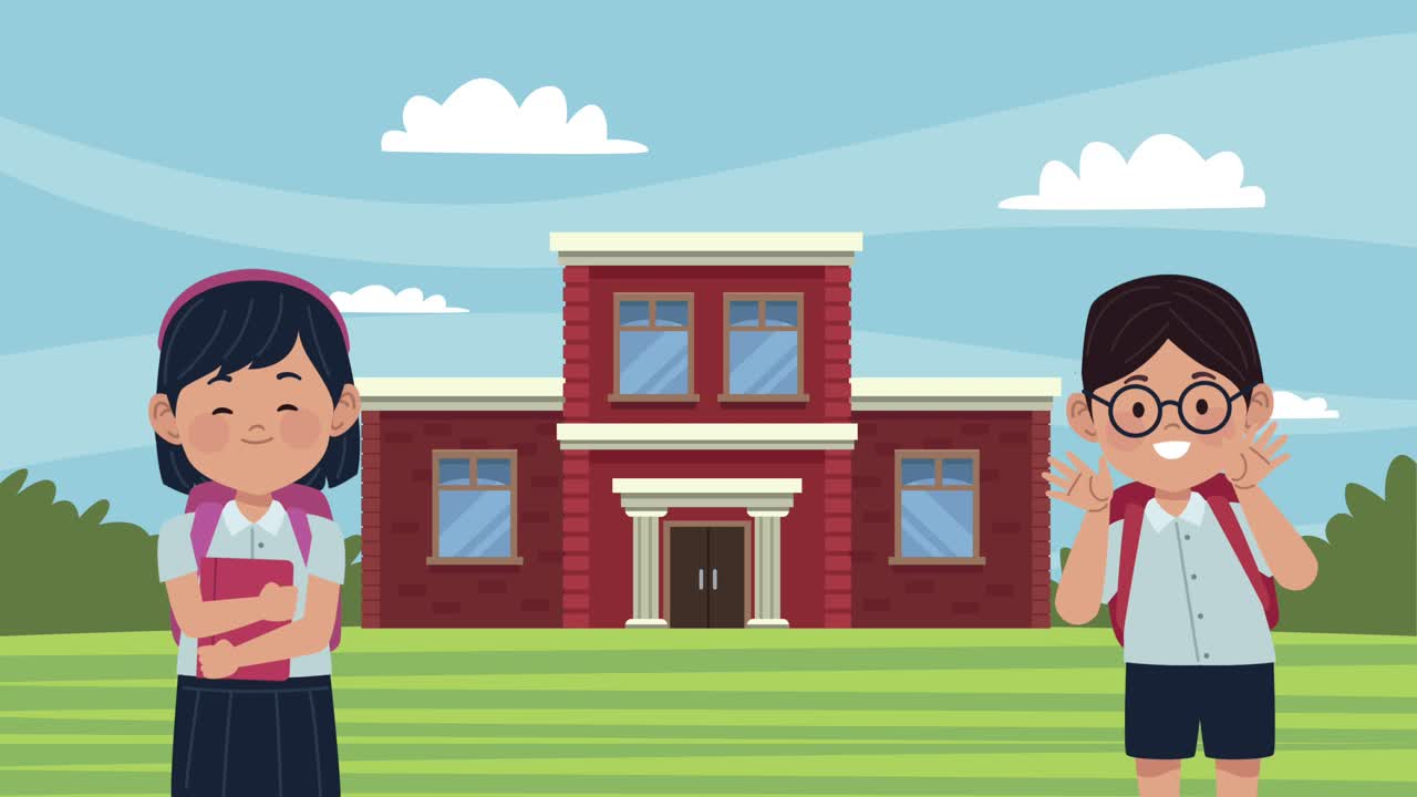 back to school animation with students and building