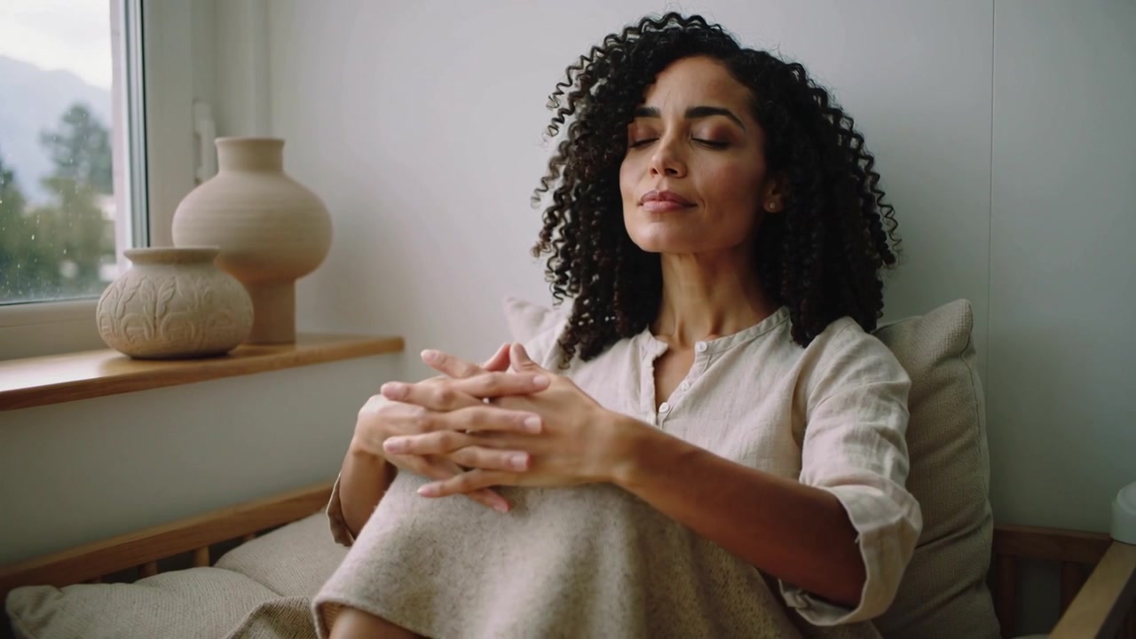 Closing eyes woman wearing light blouse arranging blanket on lap at window seat, settling into rest