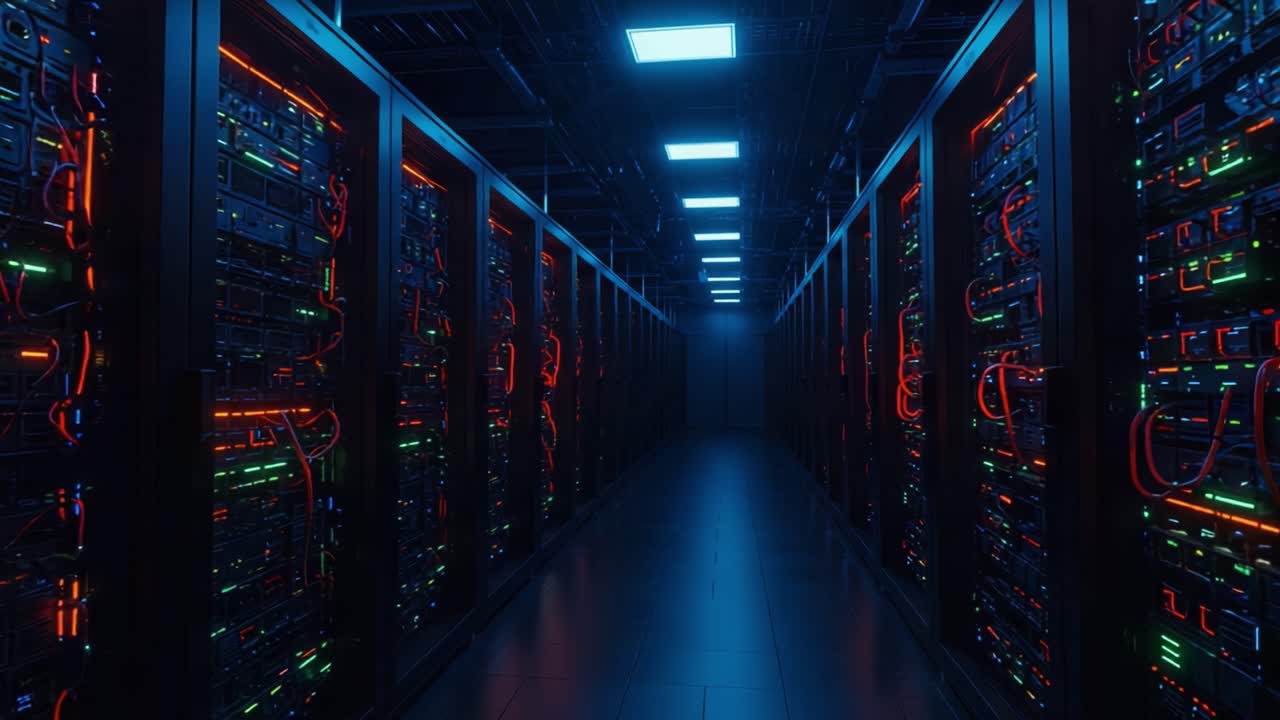 A Glimpse Inside a High-Tech Data Center Featuring Rows of Server Racks Illuminated with Neon Lights, Signifying the Pulse of Modern Computing Infrastructure