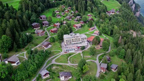 Braunwald-Resort-for-Tourists-on-Holiday-Vacation-in-Switzerland,-Aerial