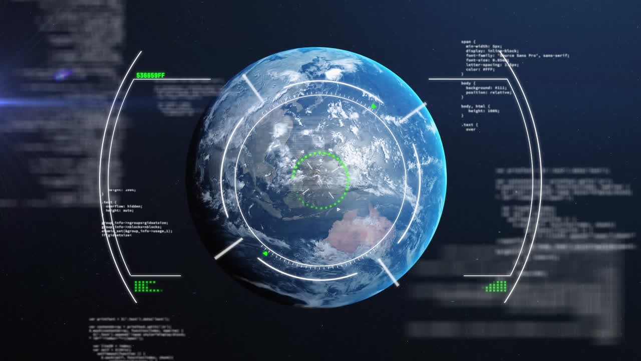 Animation of data processing and scope scanning over globe on blue background