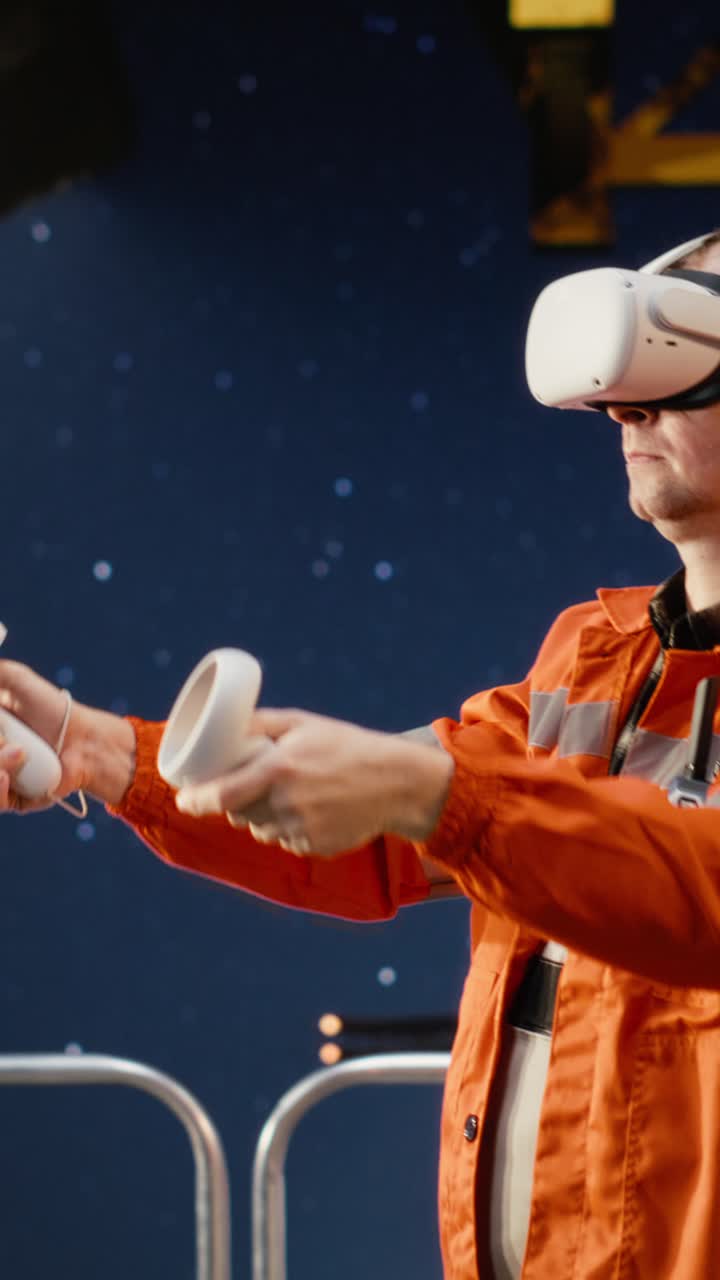 Vertical Video Offshore expert in VR headset simulating extraction and maintenance tasks