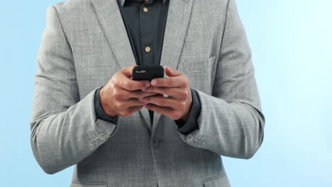 phone, hands and closeup of businessman in studio