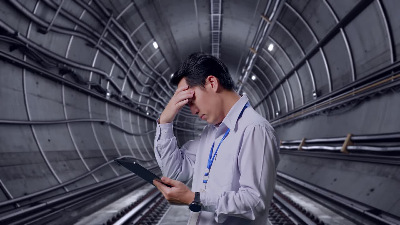 Side View Of An Asian Male Professional Worker Standing With His Tablet In Underground Subway Tunnel, Checking With Dissapionted And Nodding His Head