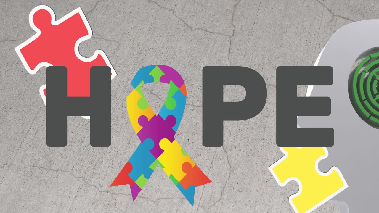 Animation of hope text over puzzles forming ribbon on grey background