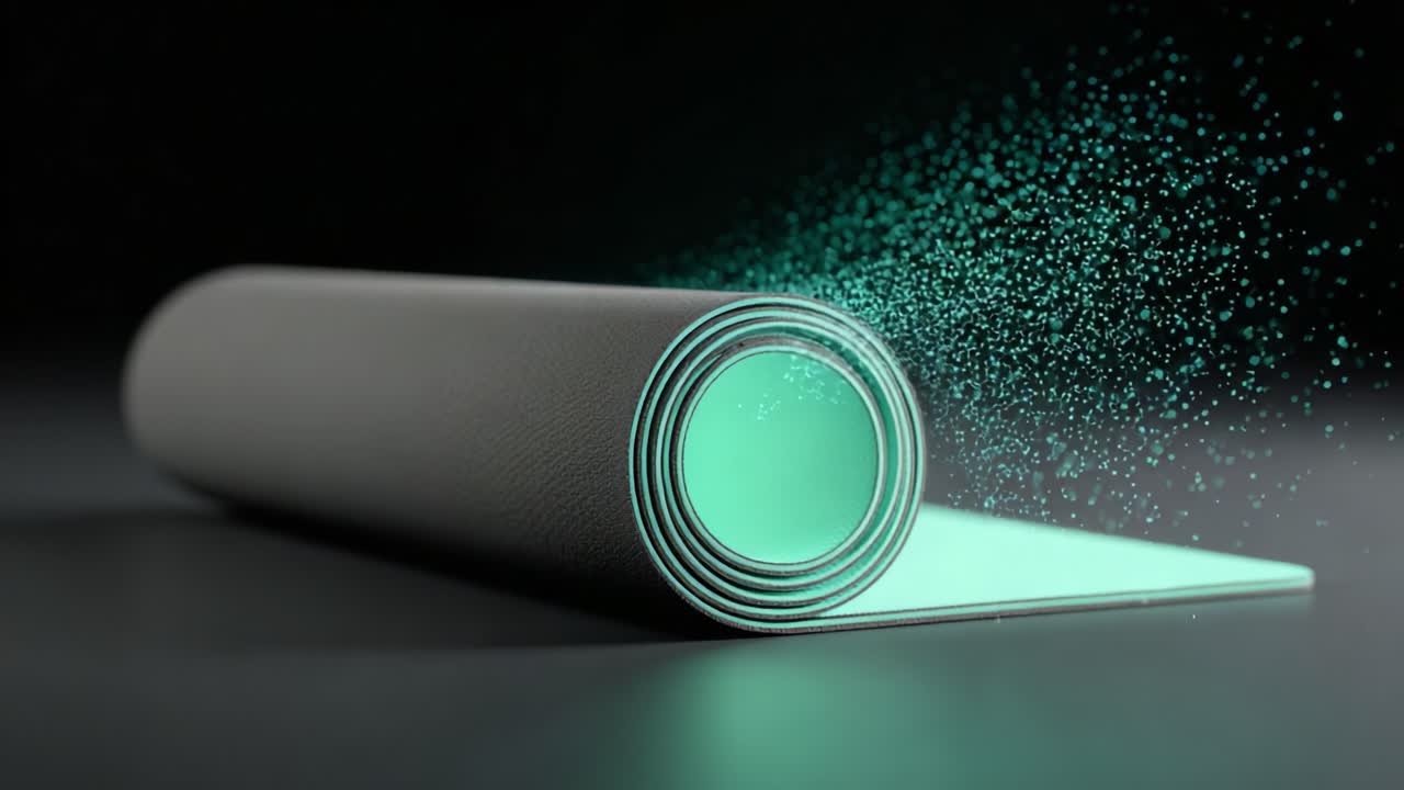 A Close-Up of a Rolled Yoga Mat Releasing Soft Particles, Capturing the Serene Atmosphere and Calming Energy Associated with Wellness and Mindfulness Practices