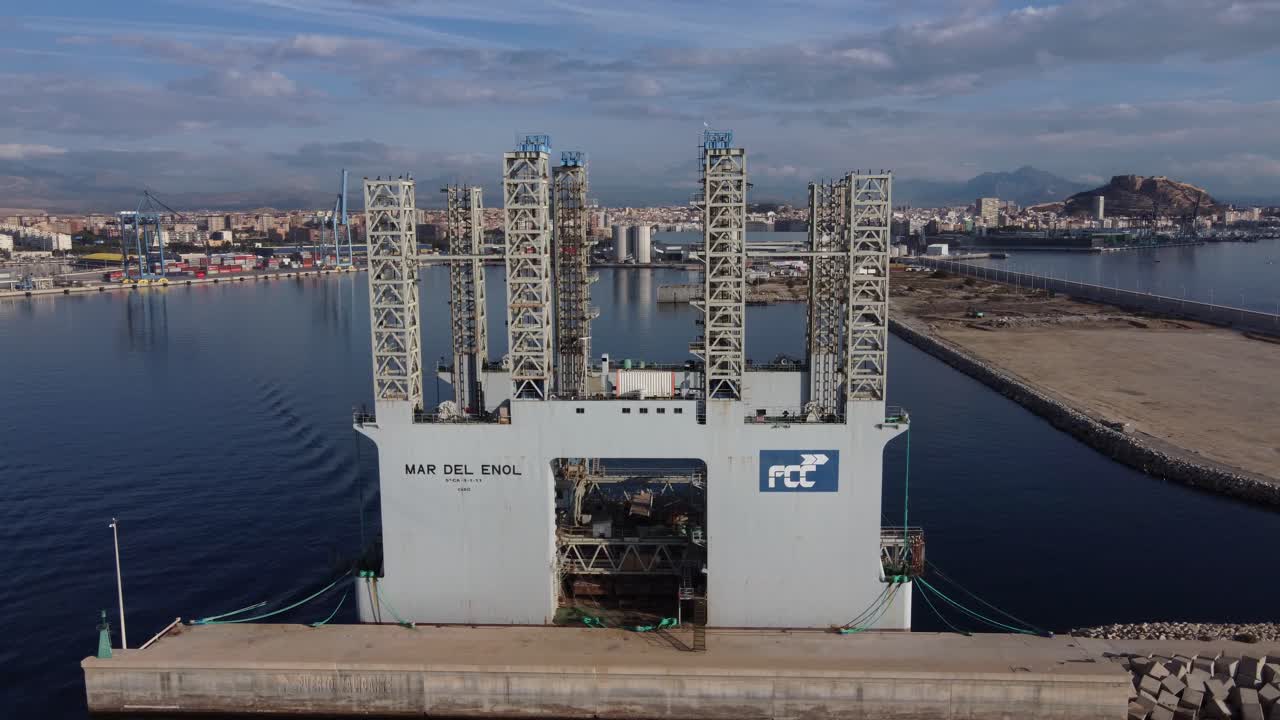 Flying around the Floating dock "Mar del Enol" at the Alicante port, Spain