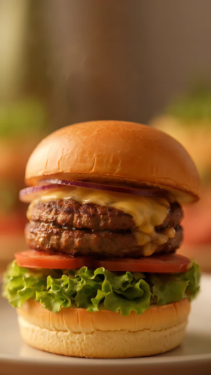 Hamburger Succoso Primo Piano Sfondo Bokeh 4K