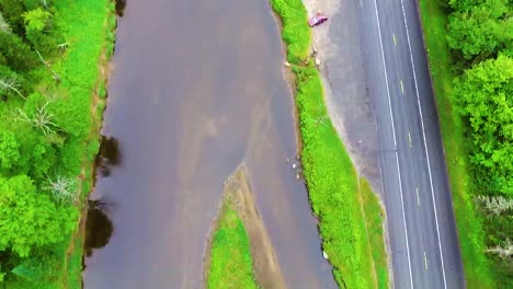 aerial view of a river and road