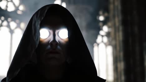 glowing eyes in a dark church