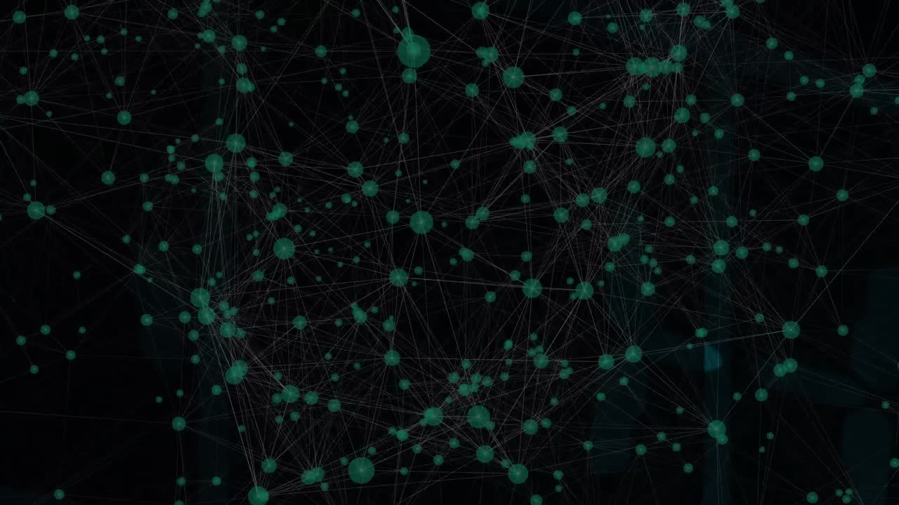 Animation of connected dots with lines and abstract patterns over black background
