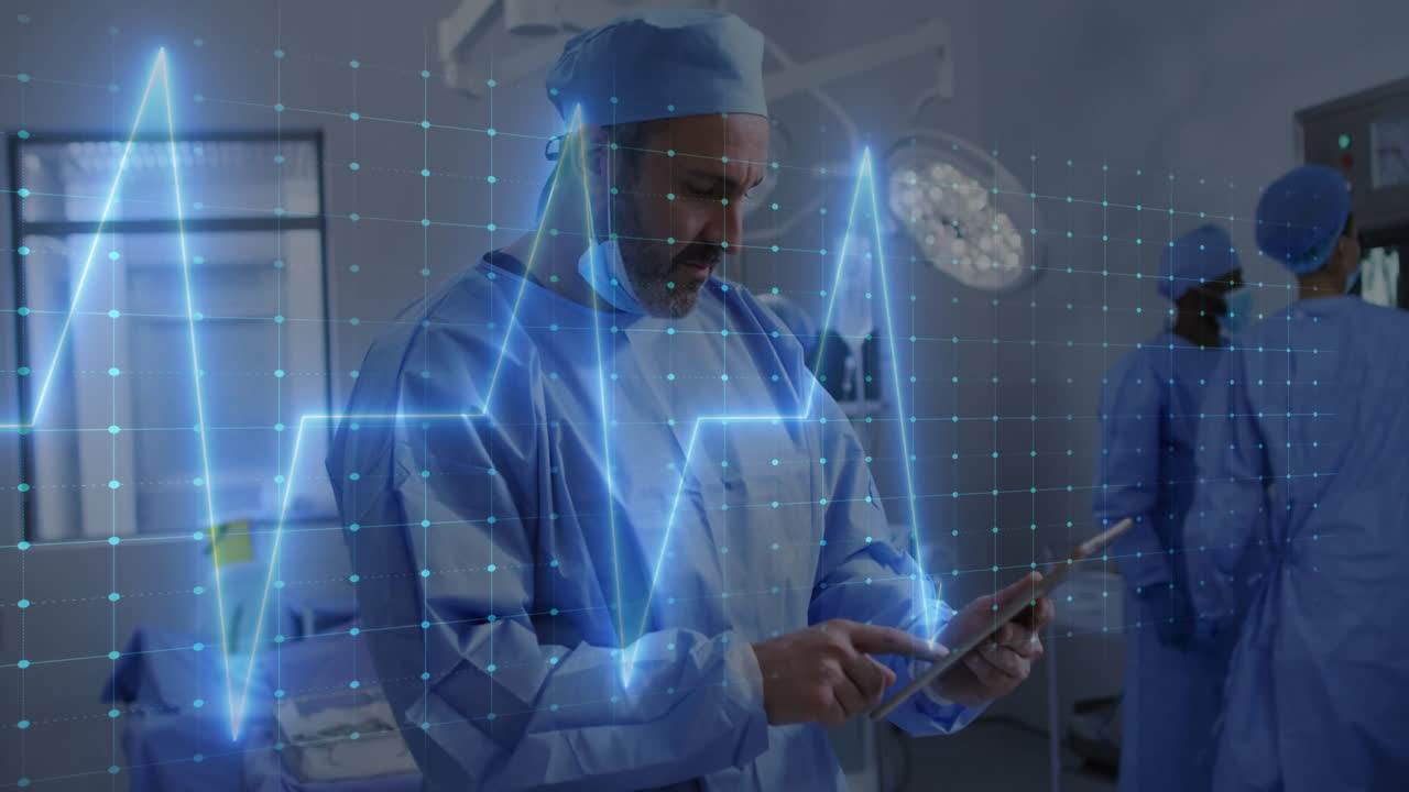 Doctor using tablet in operating room, heart rate animation over medical staff