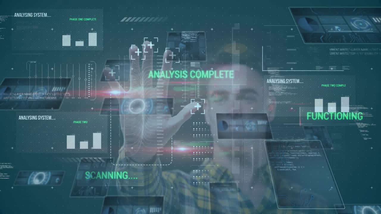 Animation of identity data processing over businessman touching biometric screen in background