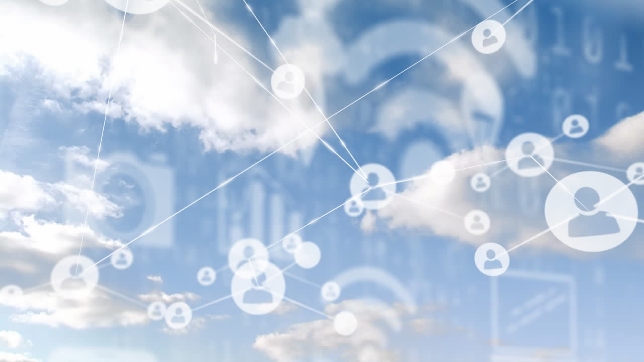 파란 하늘을 배경으로 연결 아이콘의 웹