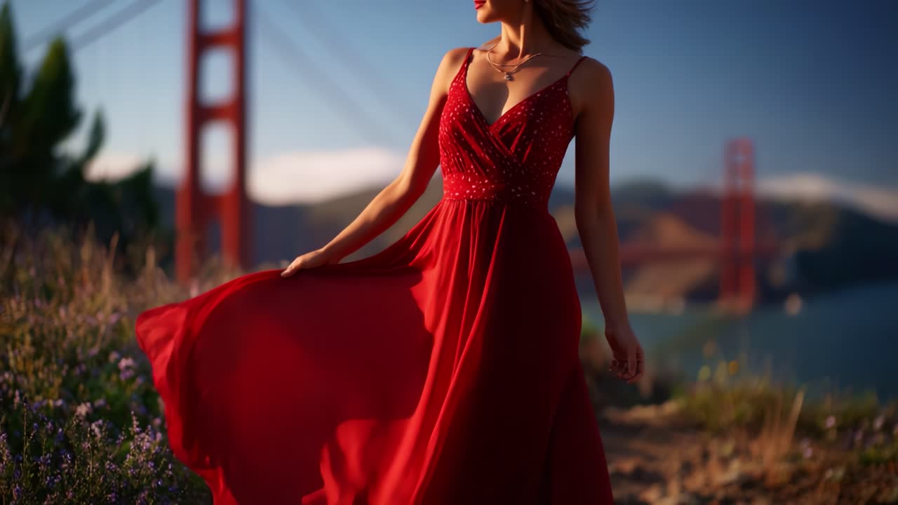 Una donna elegante in un bellissimo abito rosso è ritratta con grazia su uno sfondo mozzafiato caratterizzato da vegetazione e un'iconica struttura distante illuminata dalla soffice luce del sole