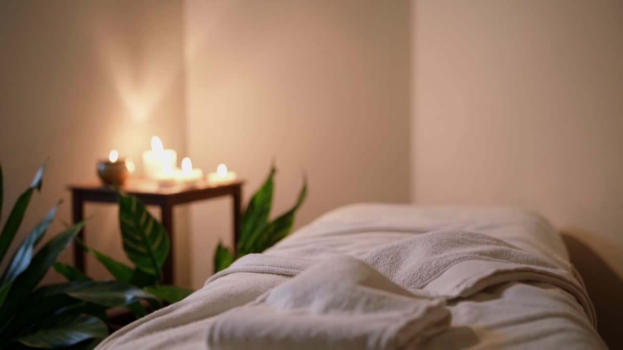 En rolig spa-indretning med et massagebord, blød belysning og stearinlys