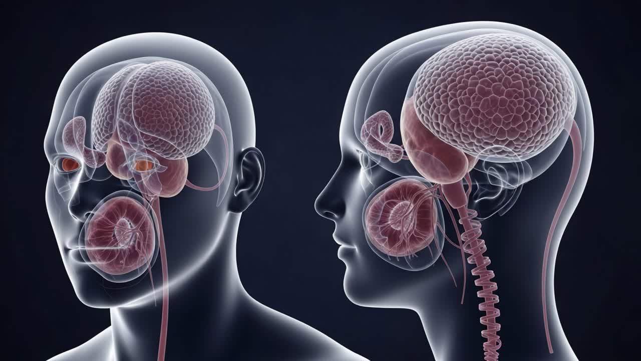 Detailed Anatomical Comparison of Human Heads Showcasing Internal Structures with Emphasis on Neural Design and Organ Functionality in a Graphic Format