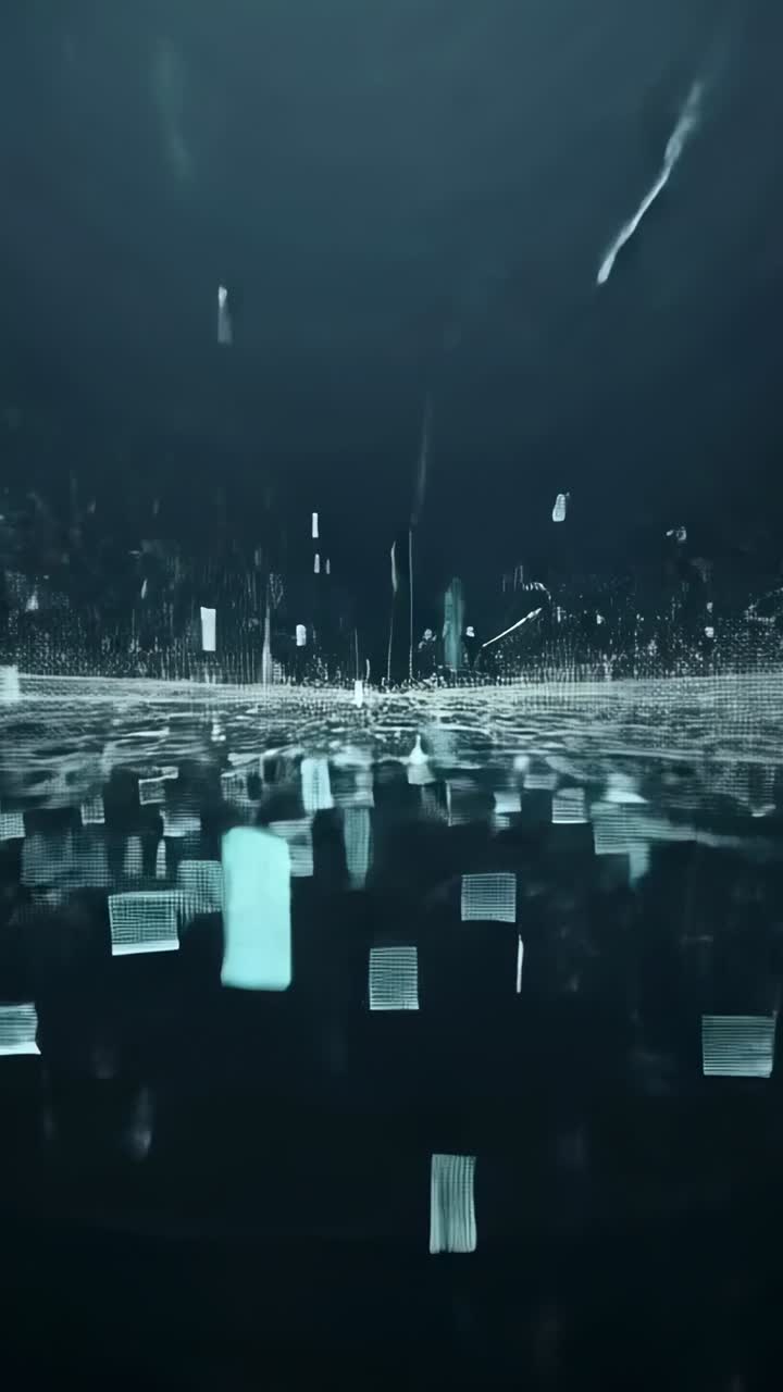 Vertical video: Animating tile field rising forward over mirror, void, adding depth with cyan block