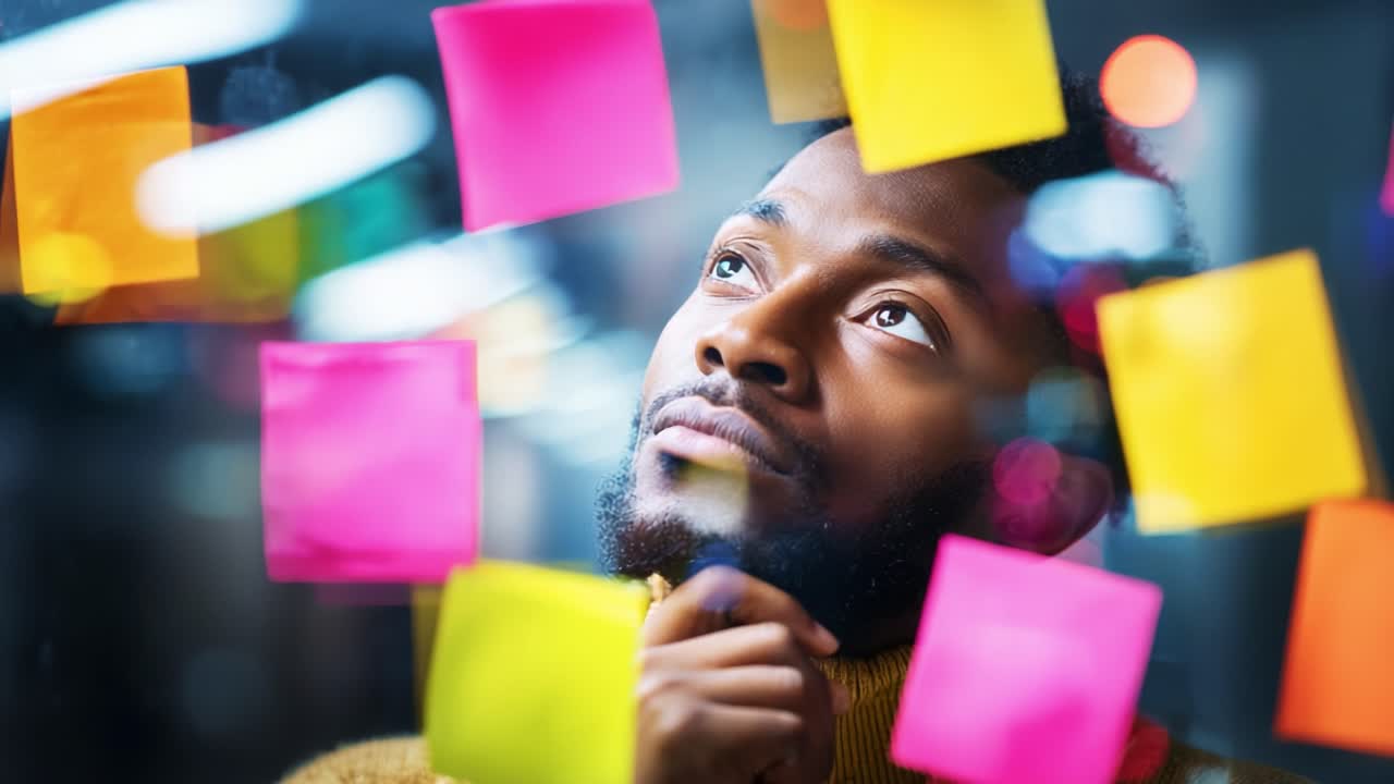 A contemplative individual gazes thoughtfully at colorful sticky notes, reflecting on ideas and plans. The vibrant hues create a backdrop for creativity and inspiration in a modern workspace