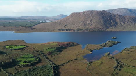 Aerial-view-of-mountain-scenery-and-vegetation-of-Connemara-Loop,-Galway-County,-Ireland