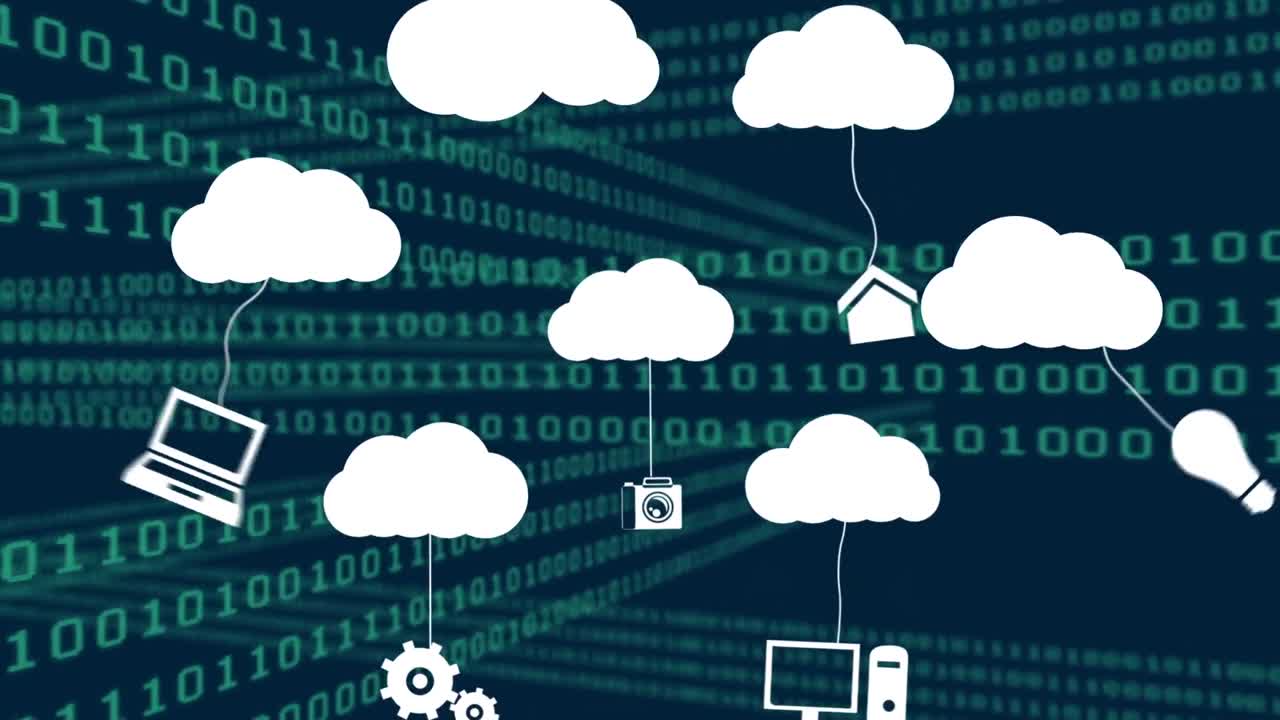 Animation of cloud icons and data processing over dark background