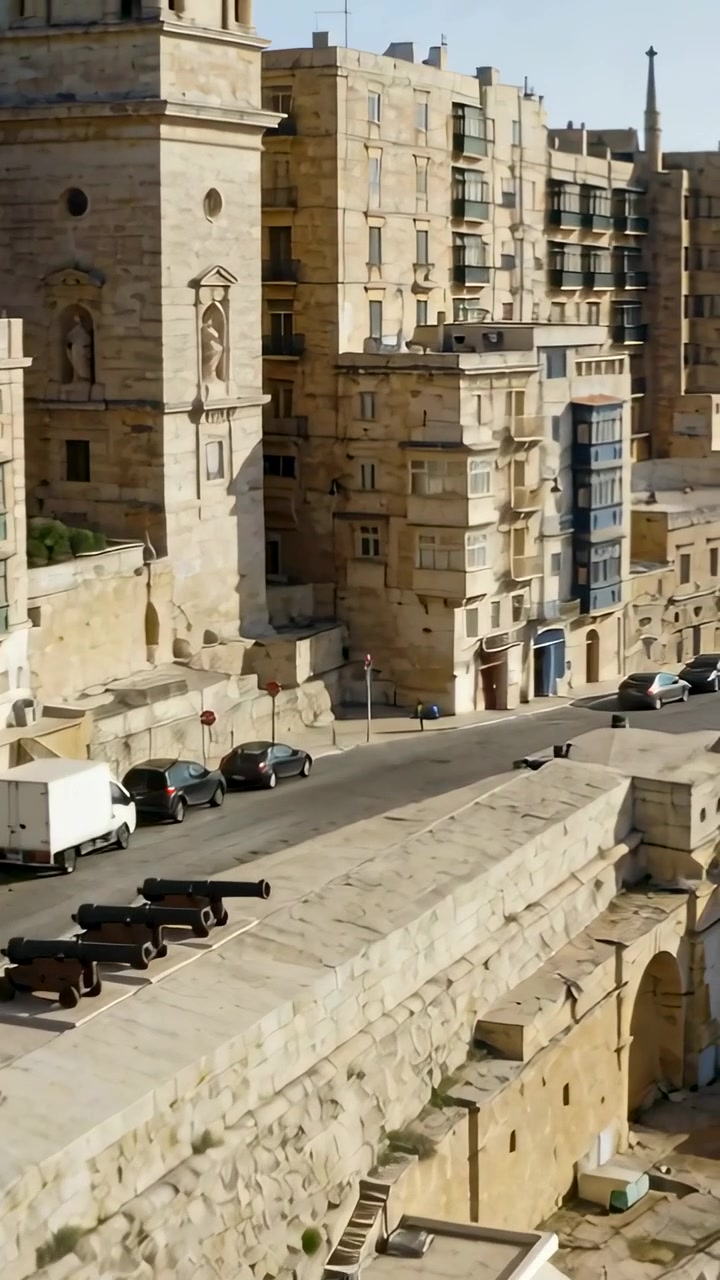 Video verticale: Telecamera che panoramica rivelando un bastione con tre cannoni sopra la strada, mostrando balconi.