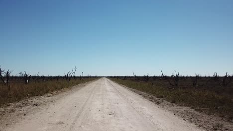 luftaufnahme einer langen unbefestigten wüstenstraße in botswana, einem erstaunlichen trockenen see