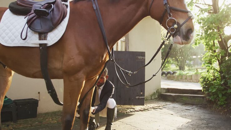 Uomo afroamericano che sistema la sella del cavallo da dressage