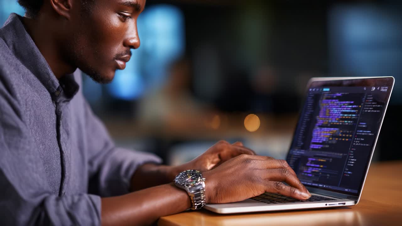 Focused Programmer Engaged in Coding on a Laptop, Analyzing Complex Algorithms and Writing Software Code with Determination and Attention to Detail in a Modern Workspace Setting