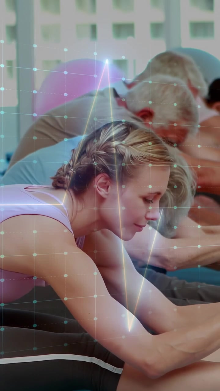 Pulsing waveform overlay initiating motion, blonde woman leading class folding forward for stretch