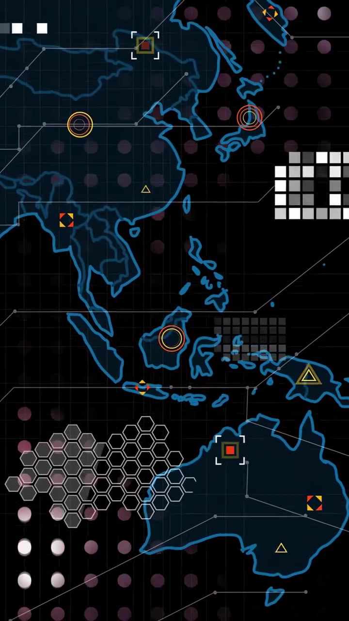Vertical video: Neon-blue map fading in, pulsing hex clusters and markers showing node activity