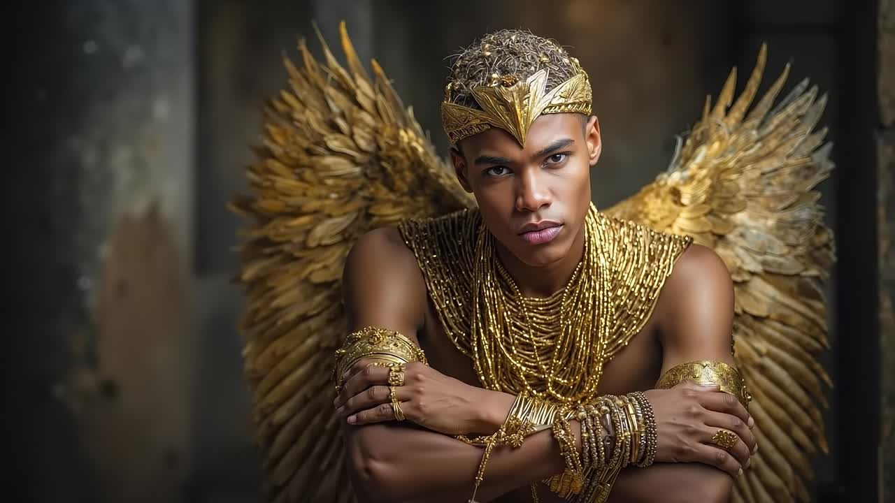 A man dressed as an angel with gold wings and a crown