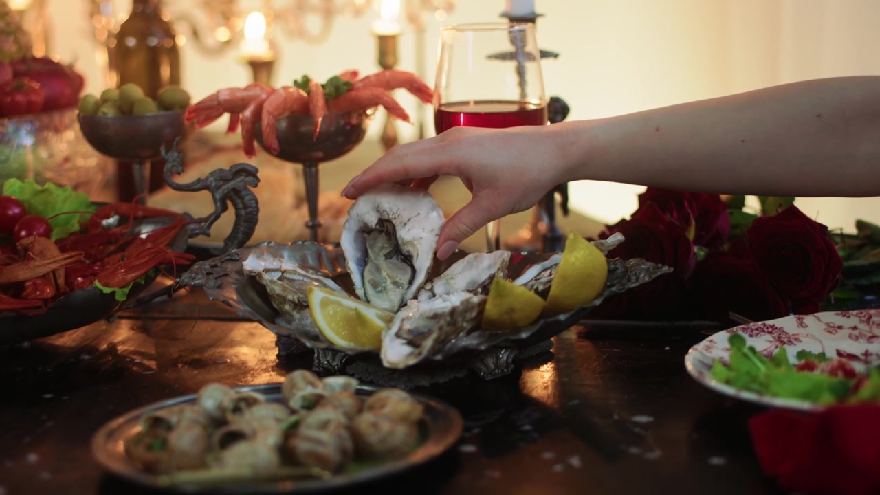 Hand Places Fresh Oyster on a Plate at a Luxurious Dinner Table