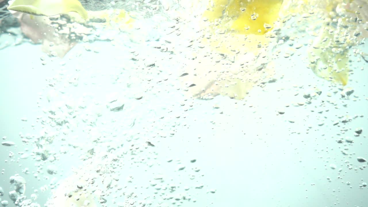 Rosenblätter fallen ins Wasser. Hintergrund. Zeitlupe.