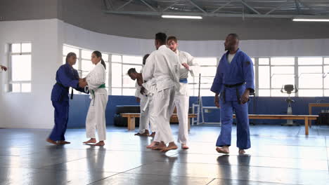 practicing judo, group of students in martial arts uniforms in training hall