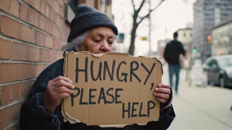 a man with grey hair sits against a brick wall holding a cardboard sign that requests help for hunger. the urban backdrop shows passersby unaware of his struggle in the cold.