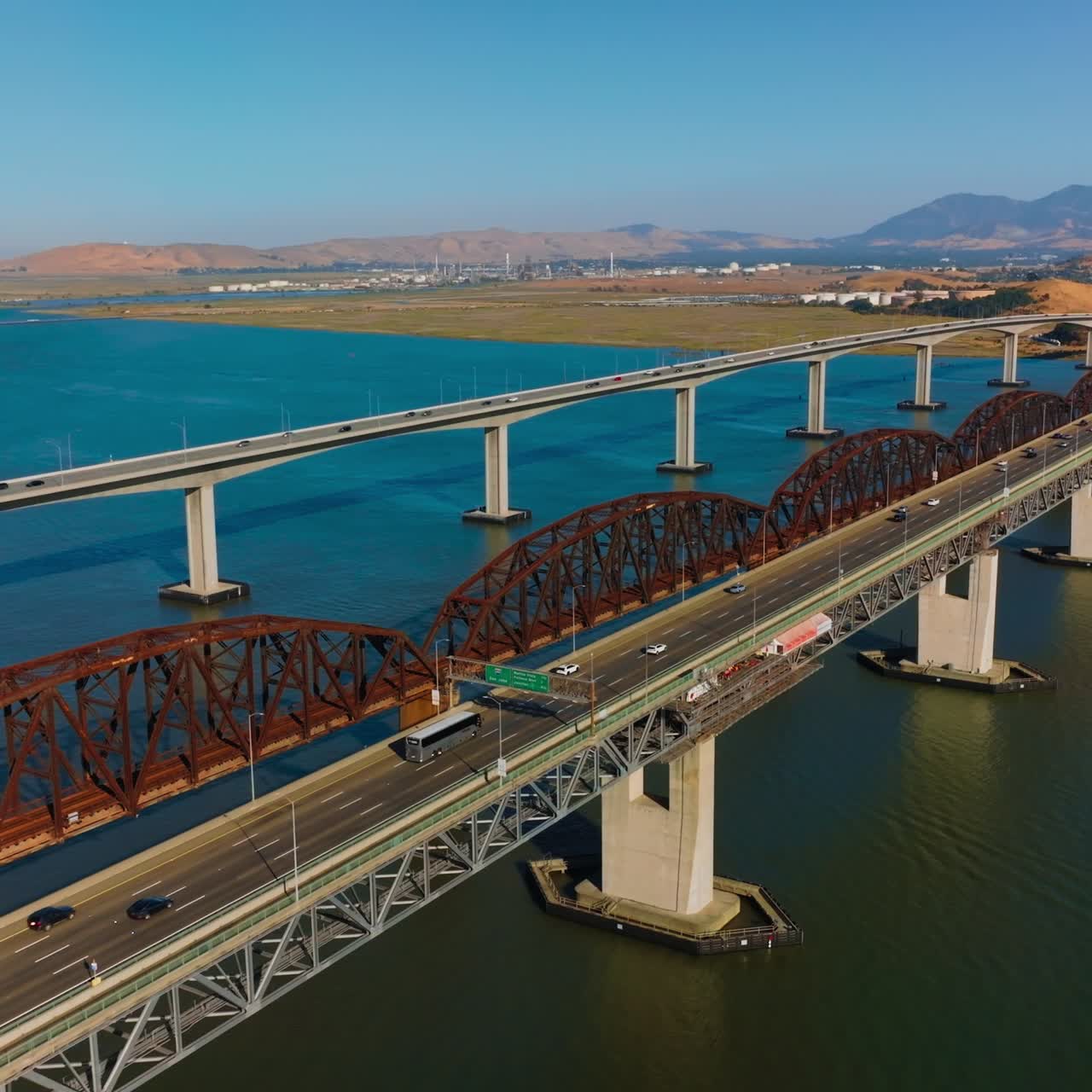Steel usa california bridge. Martinez bridge connecting to Benicia aerial view