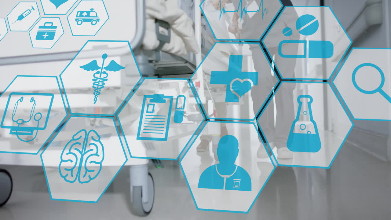 Animation of medical icons over caucasian doctors walking with hospital bed