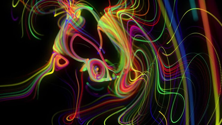 Abstract background flow of glow lines or light streaks. Running lights particles form in 3d space glowing beautiful curved lines like ball of wires burning with neon light. Beautiful creative bg.