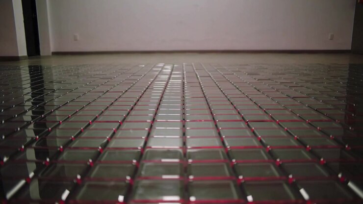 Showing lights cycling, grid of raised clear tiles shifting color on gallery floor