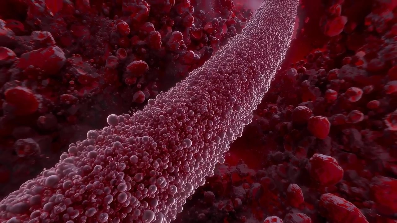 Camera tracking tubular filament through bloodstream sim, showing bubble texture and red discs