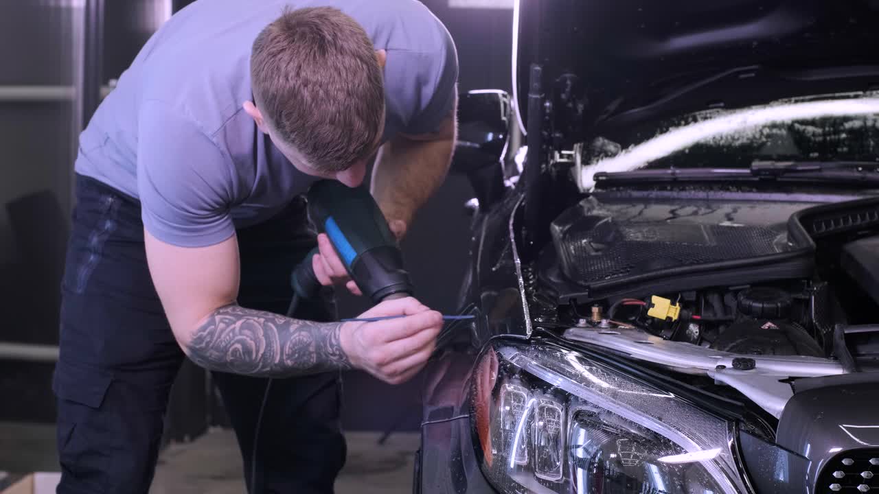 비닐 폴리우레탄 테이프로 자동차를 는 사람. 자동차를위한 필름. 자동차에 스티커 보호 필름