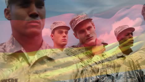 animation of flag of germany over diverse male soldiers