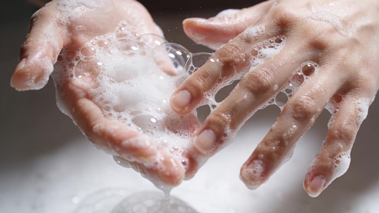 Presionando los dedos a través de la película de jabón después de que se forma espuma en las manos ahuecadas en el lavabo, lavándose.