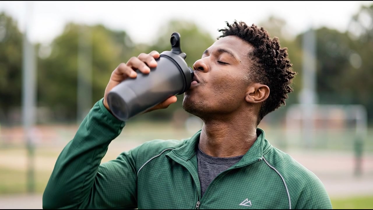Appassionato di fitness che beve acqua durante la sua routine di stile di vita sano e attivo.