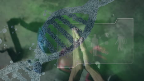 animación de adn y moléculas sobre las manos de un atleta caucásico