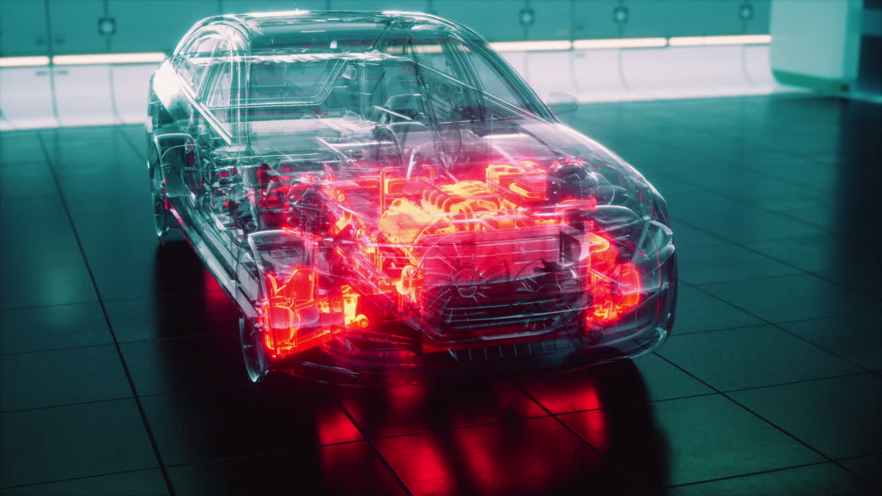 auto trasparente con motore in laboratorio